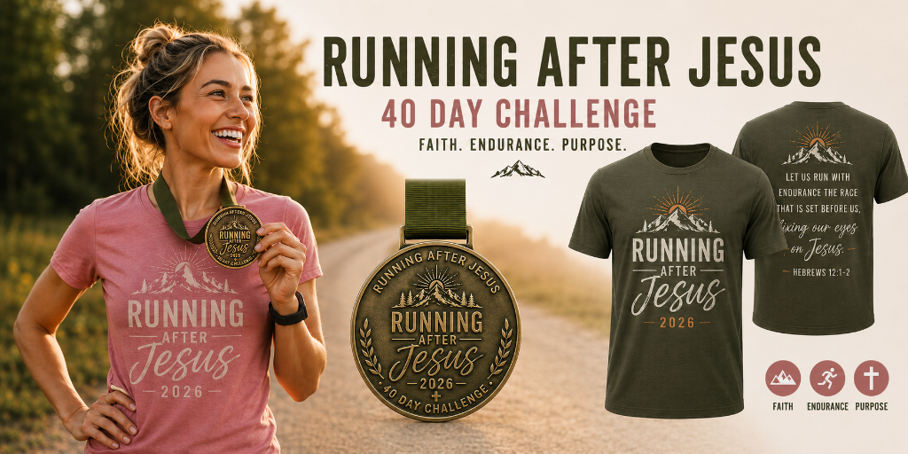 Running After Jesus 2026 — 40 Day Challenge shirt and finisher medal showcase