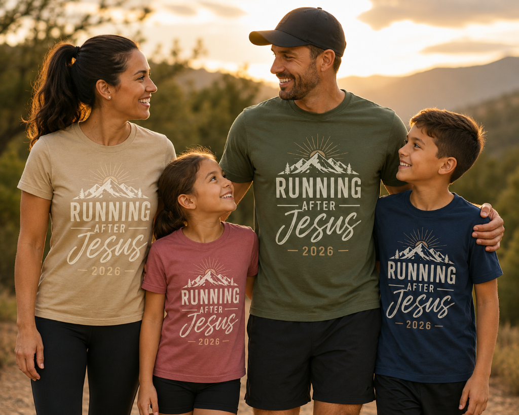 Family wearing Running After Jesus 2026 shirts at sunset