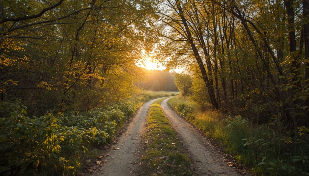 A sunlit winding trail through golden autumn trees at sunset