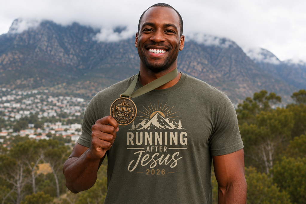 Man smiling on a mountain holding the Running After Jesus 2026 finisher medal and wearing the olive Running After Jesus t-shirt