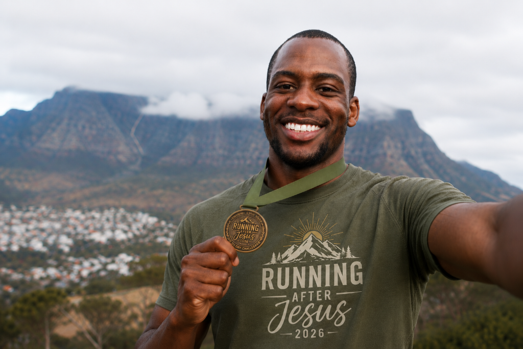 Man smiling on a mountain holding the Running After Jesus 2026 finisher medal