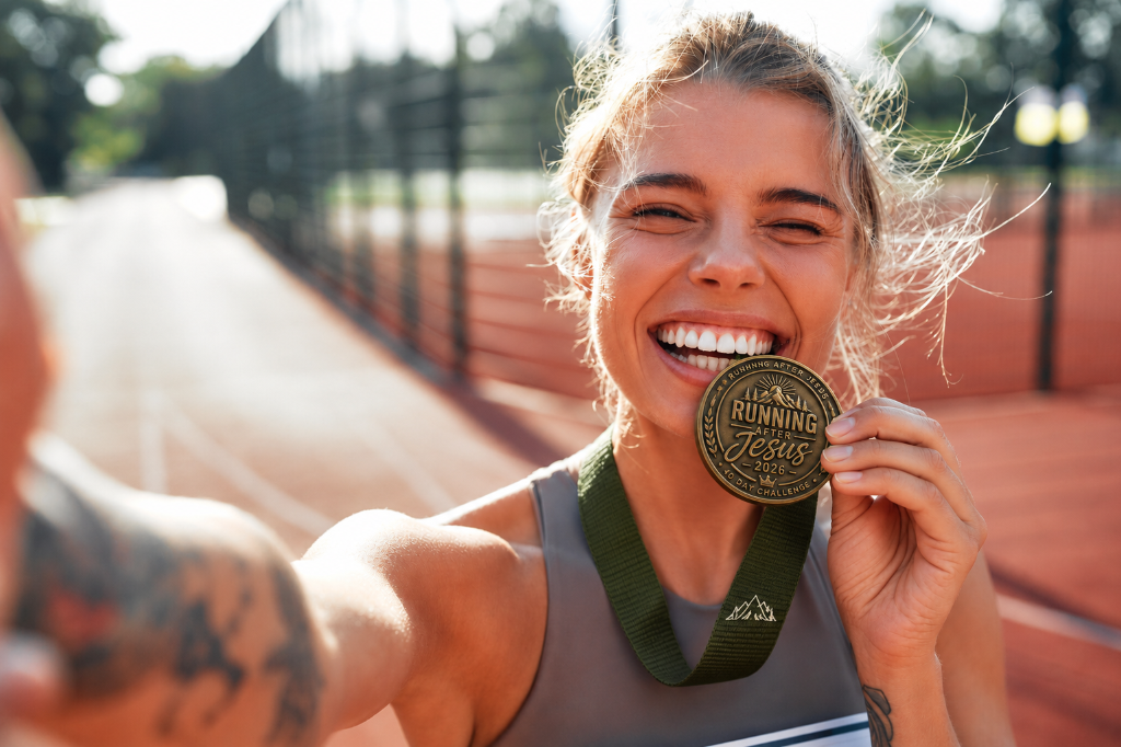 Woman smiling on the track holding the Running After Jesus 2026 finisher medal