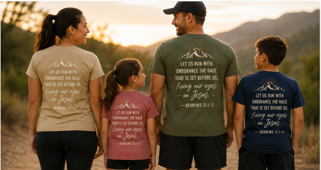 Family wearing Running After Jesus 2026 shirts showing Hebrews 12:1–2 scripture on the back