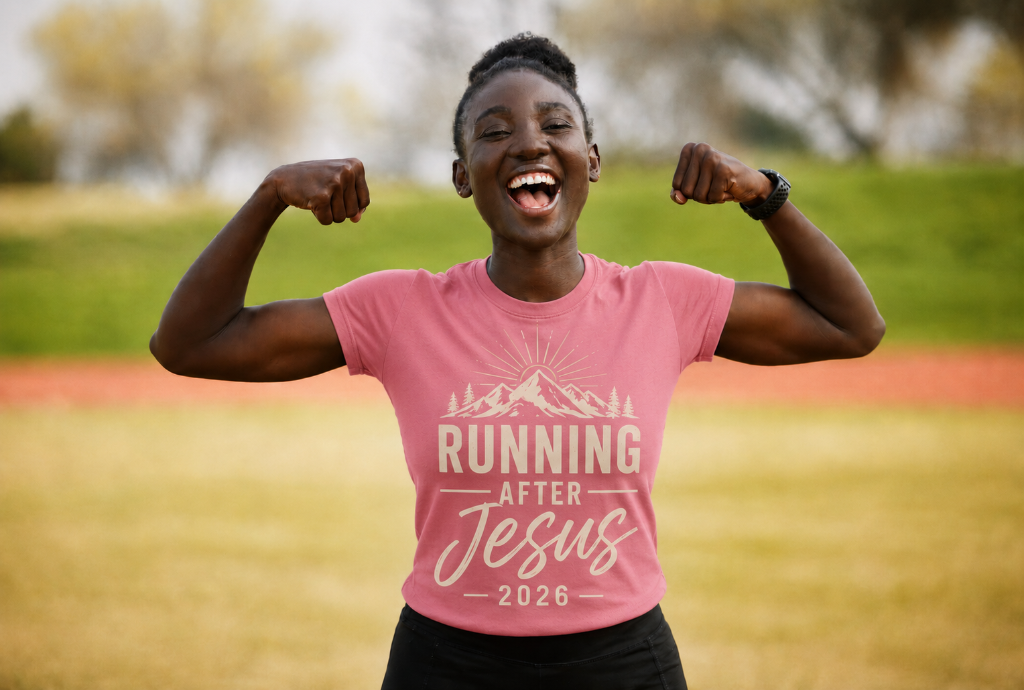Woman joyfully flexing in the Running After Jesus 2026 rose t-shirt