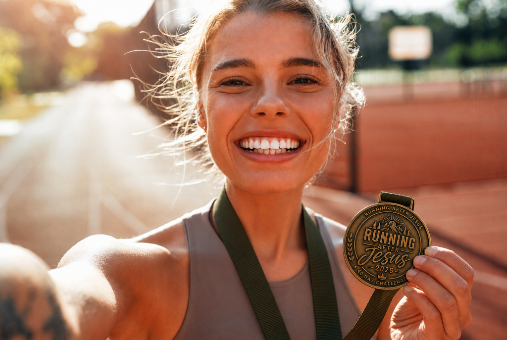 Woman smiling on the track holding the Running After Jesus 2026 finisher medal